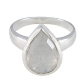 Laura White Solitaire Ring for Women with Teardrop Gemstone Rainbow Moonstone White