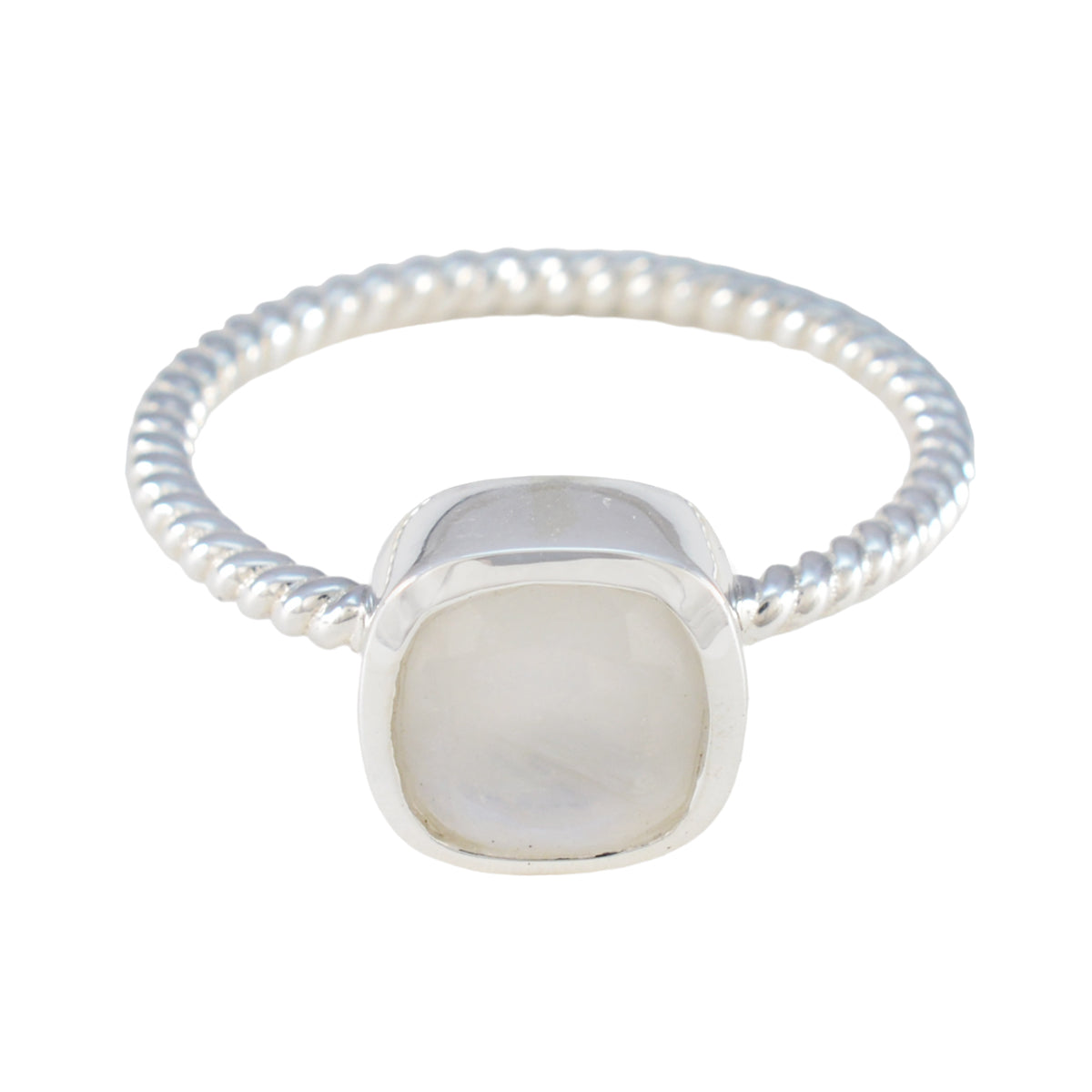 Dewi White Solitaire Ring with Elegant Beaded Band Rainbow Moonstone White