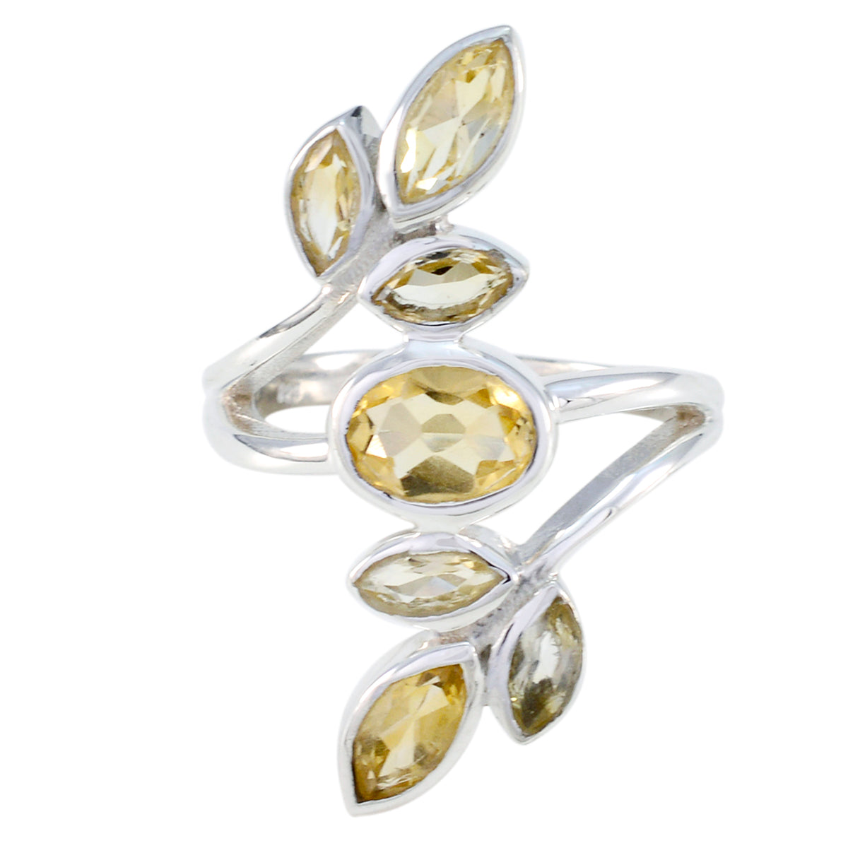 Antonia silver vine ring with marquise and oval yellow stones in a yellow gemstone leaf ring design