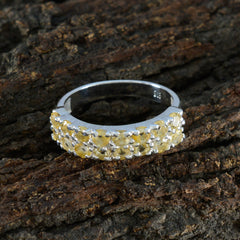 Priya silver band yellow gemstone ring for women with pave cluster of small yellow stones on textured bark