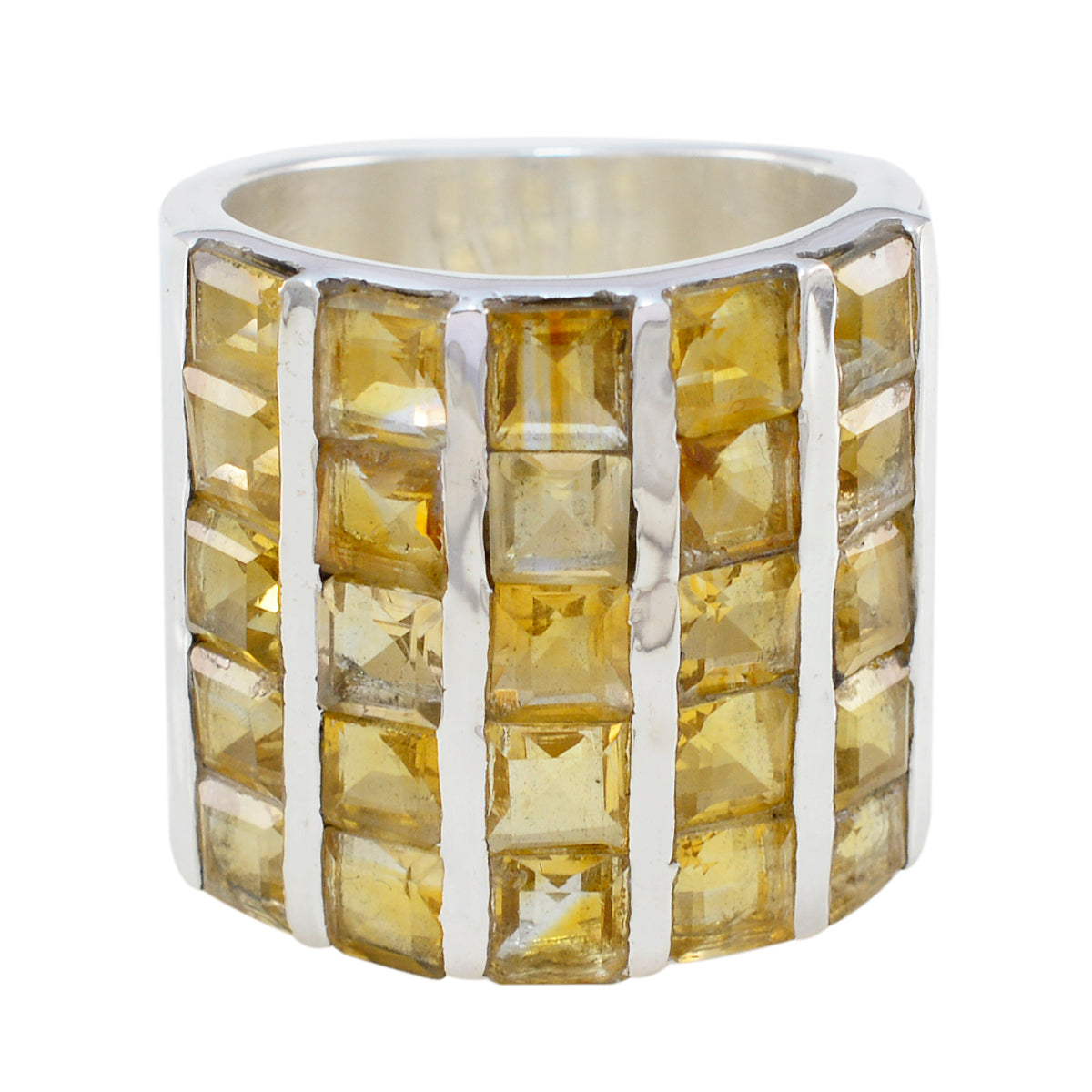 Mila yellow gemstone statement ring with multiple square yellow stones set in silver band