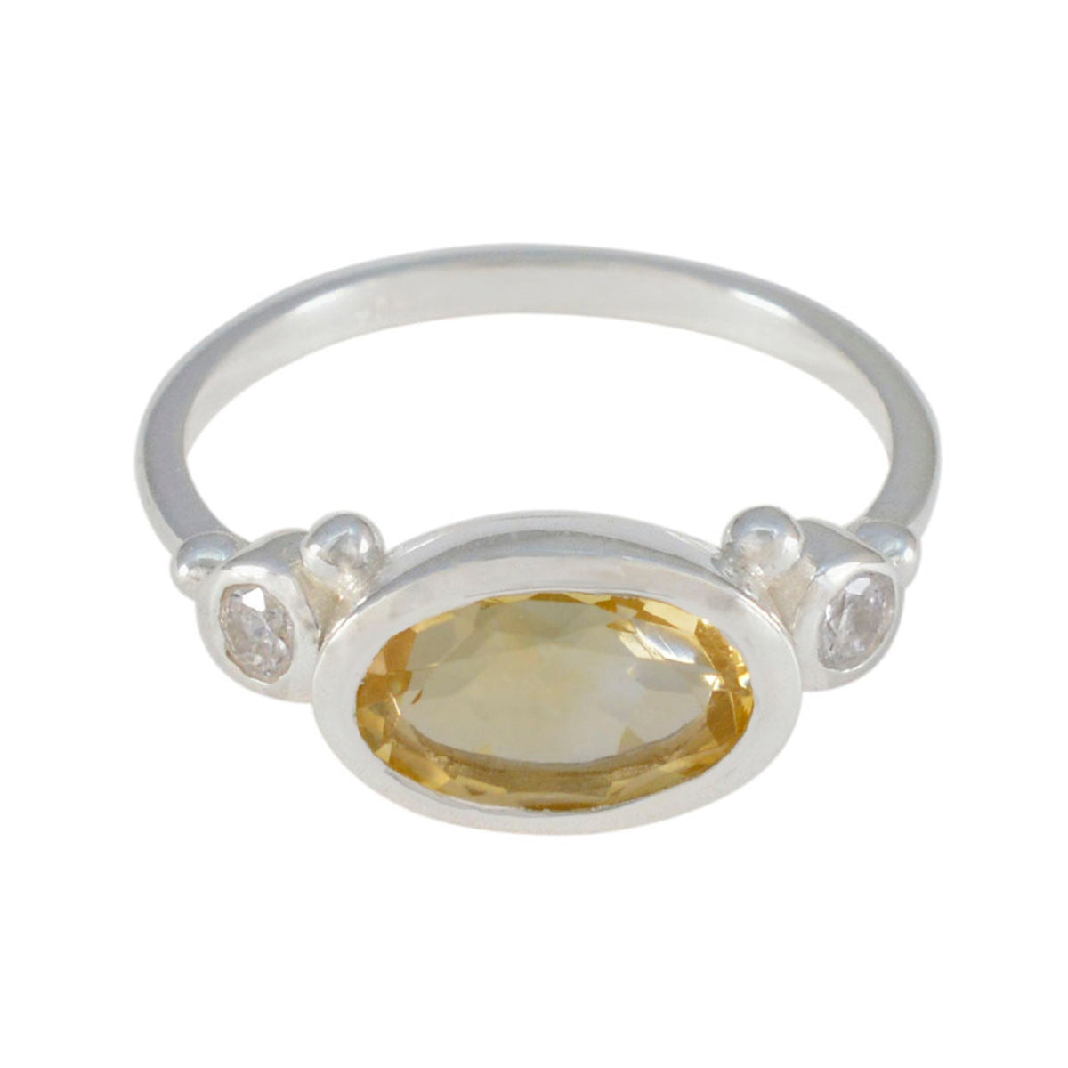 Hana yellow gemstone trilogy ring sterling silver with oval yellow citrine center and two small round white stones