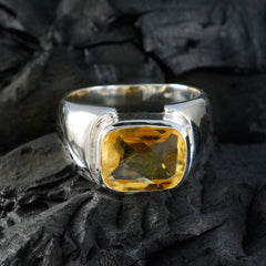 Nisa yellow solitaire ring cushion cut citrine set in polished sterling silver mens band