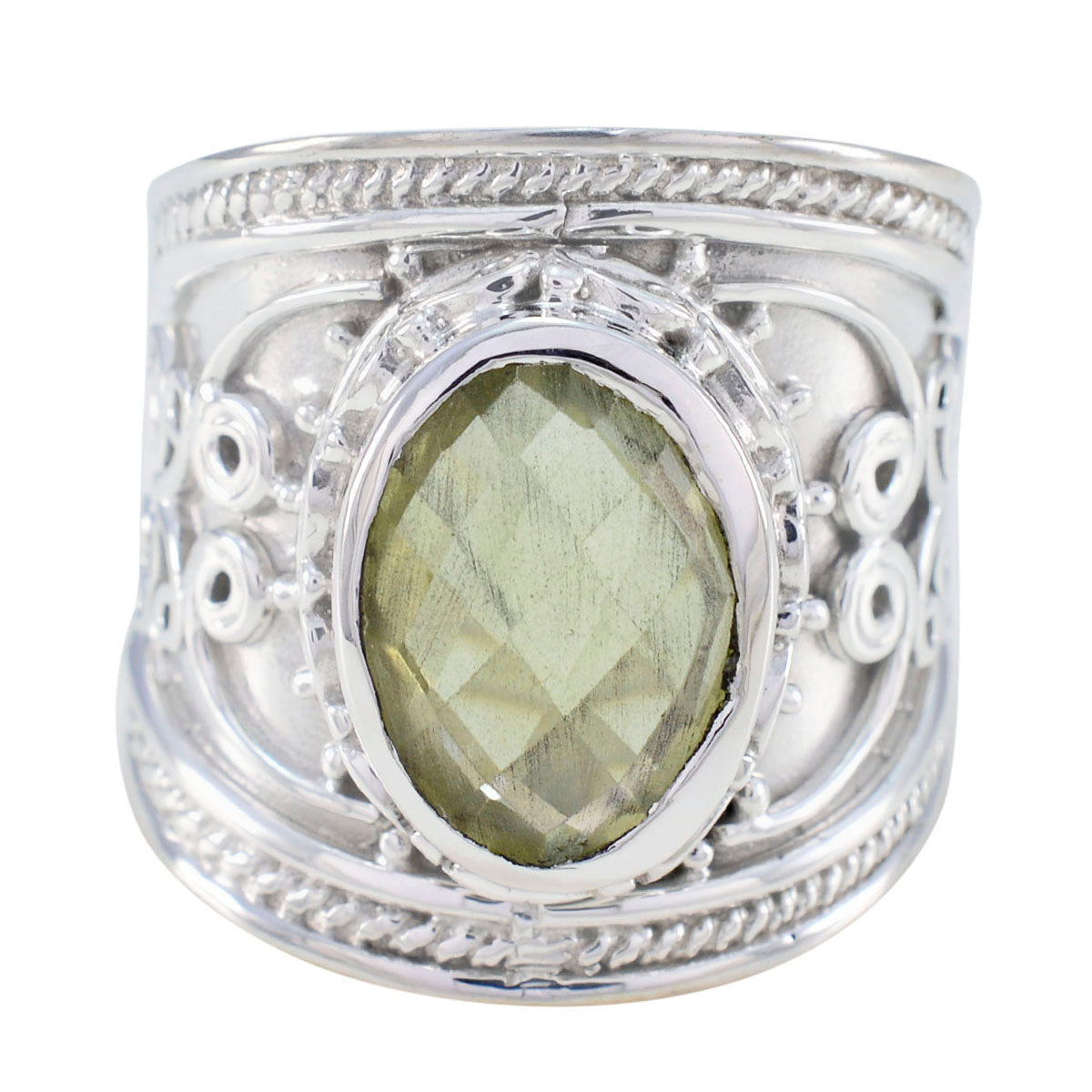 Giulia silver ring with detailed filigree design and large oval green stone centerpiece yellow solitaire statement ring