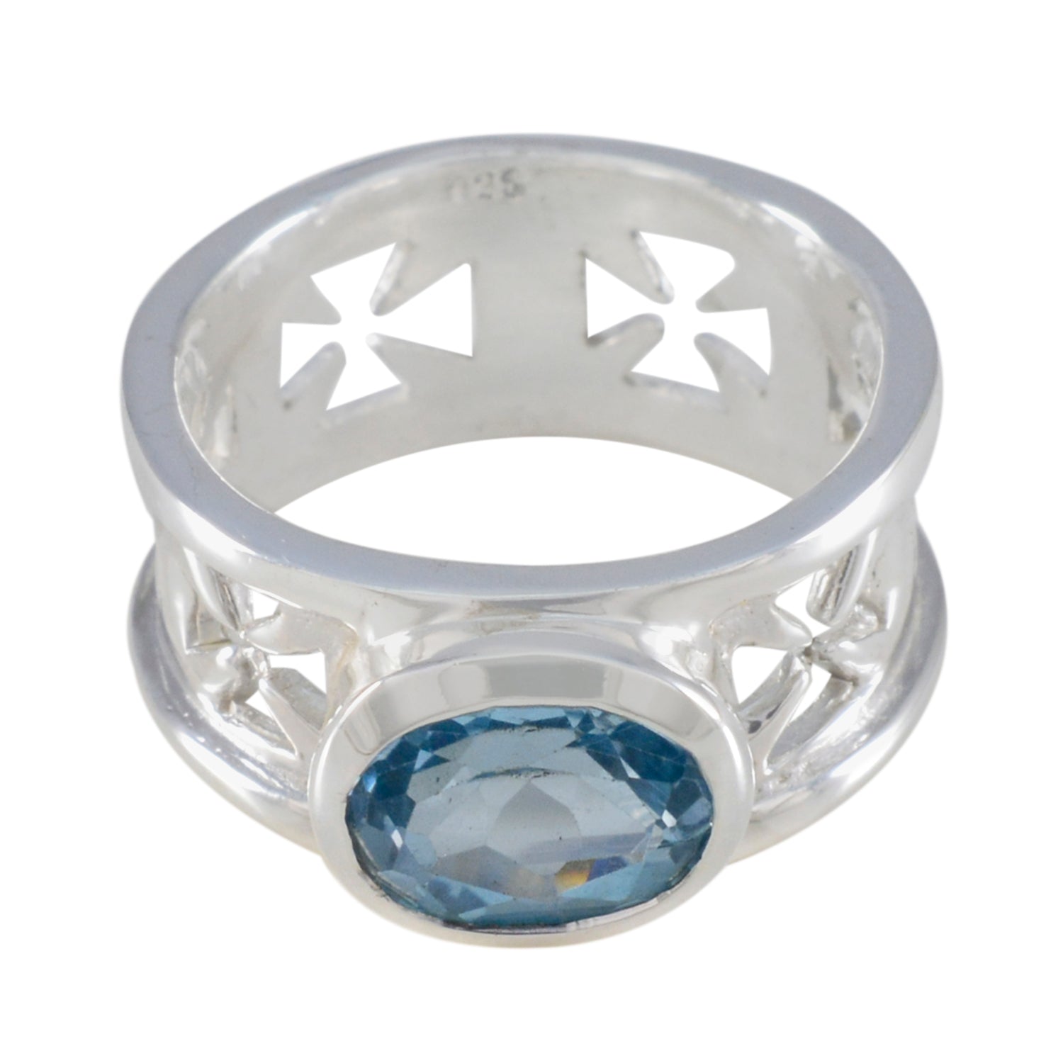 Isabella Irish blue solitaire ring with a faceted oval blue gemstone set in silver band with Celtic cross cutouts