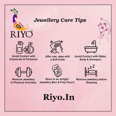 Jewellery care tips graphic with icons advising to avoid chemicals, use soft cloth, avoid water, store in pouch, and remove before sleeping
