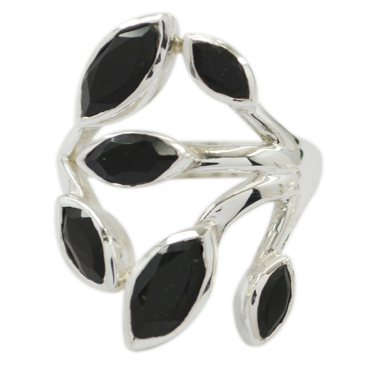 Lakshmi black gemstone ring with silver band featuring multiple marquise-shaped black stones