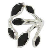 Lakshmi black gemstone ring with silver band featuring multiple marquise-shaped black stones