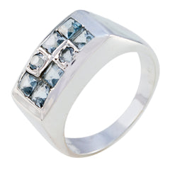 Lakshmi blue gemstone ring polished sterling silver band with six square light blue gemstones