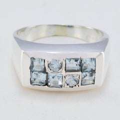 Lakshmi blue gemstone ring silver band with rectangular top and cluster of light blue square and round gemstones