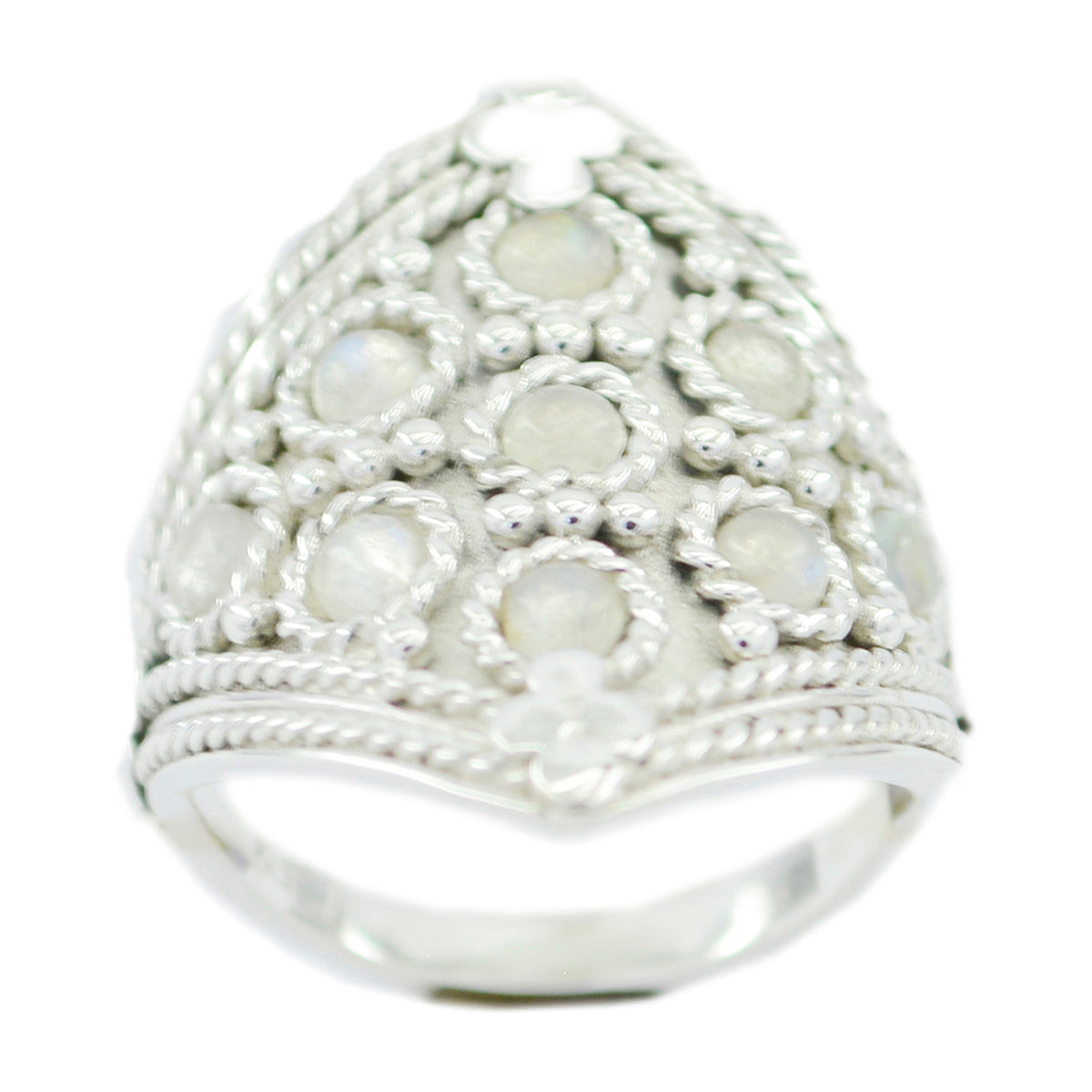Lakshmi heritage white ring ornate silver filigree shield ring with multiple moonstone cabochons