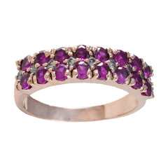 Lakshmi red gemstone engagement ring with double row of purple stones and small clear accents in rose gold band