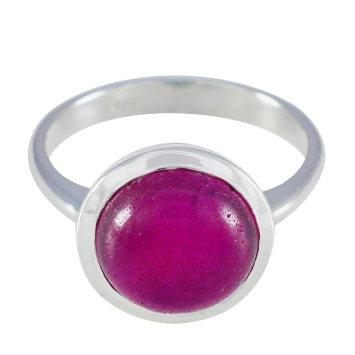 Lakshmi red solitaire ring with a polished silver band and round deep red stone centerpiece