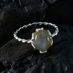Lakshmi solitaire grey ring with twisted band and polished stone set in silver