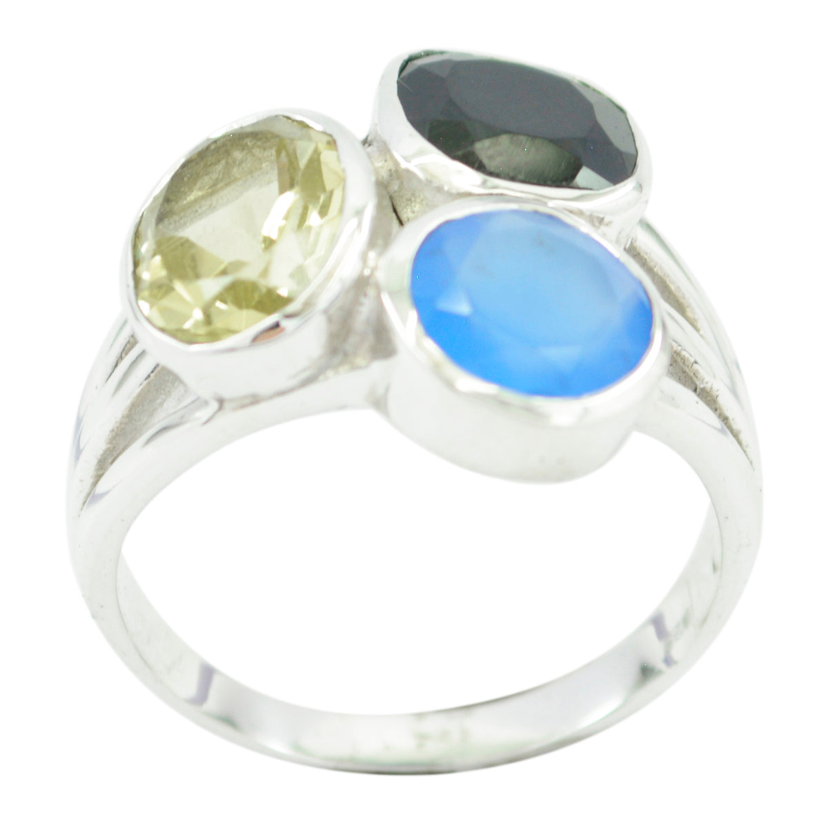 Lakshmi trilogy gemstone ring with three oval multicolor gemstones set in silver band