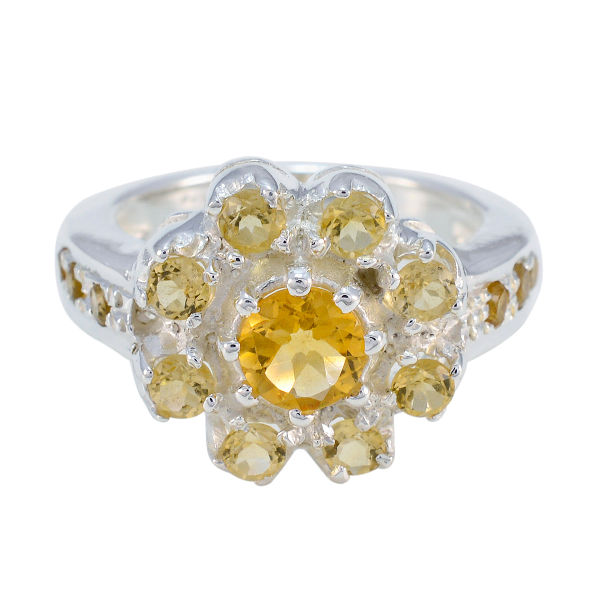 Lakshmi yellow gemstone ring with a large central stone surrounded by smaller yellow gemstones in silver setting