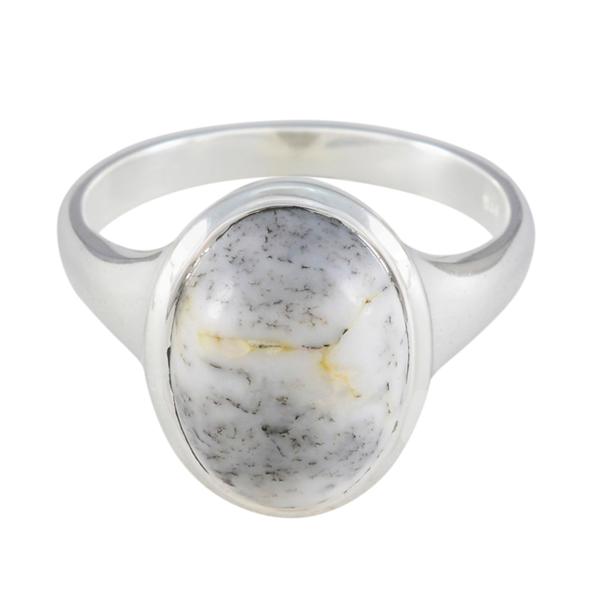 Laura Artisan Solitaire Ring with Unique White Gemstone Dendrite Opal White