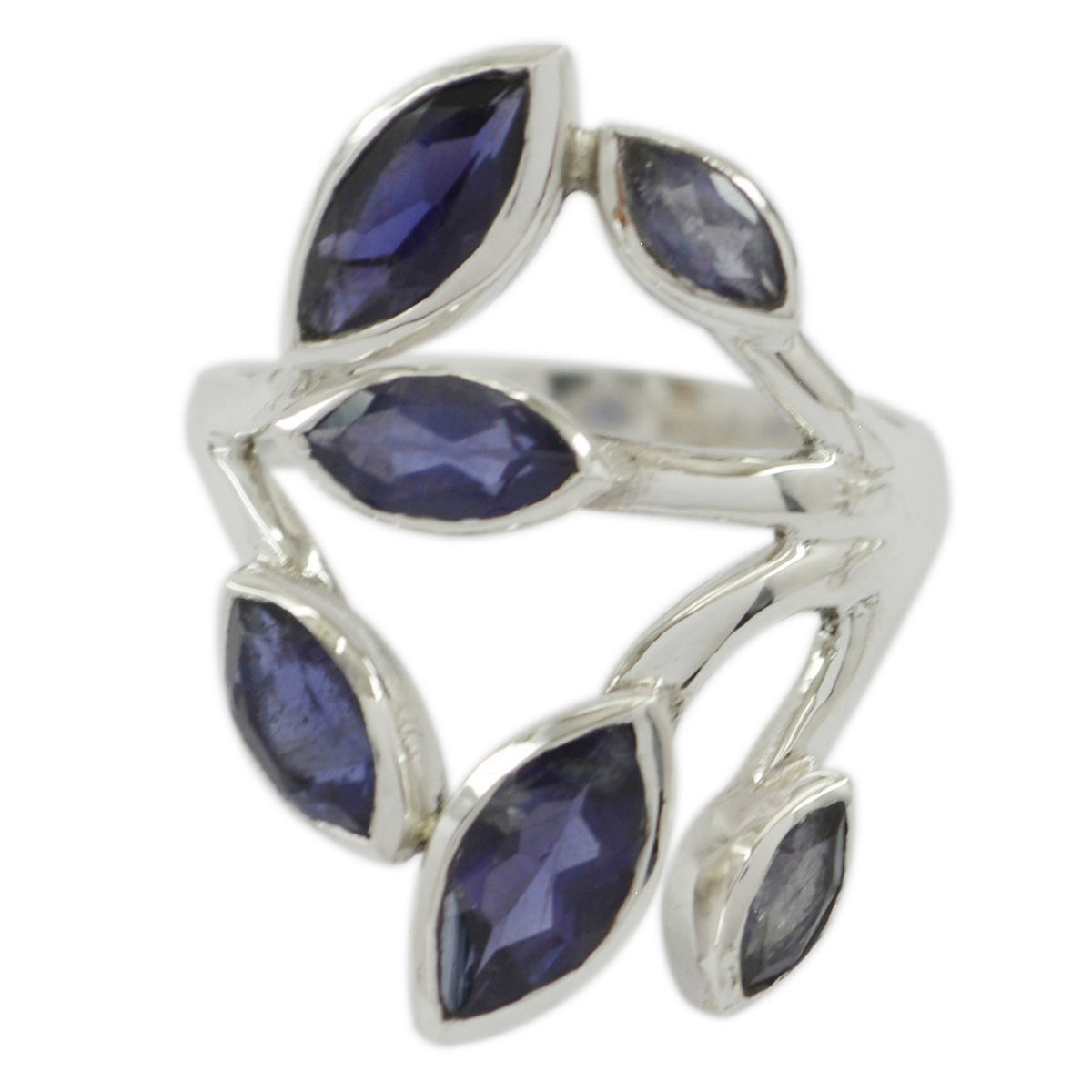 Natalia leaf design blue gemstone ring with silver band and multiple marquise-shaped blue stones