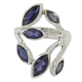 Natalia leaf design blue gemstone ring with silver band and multiple marquise-shaped blue stones