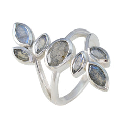 Anna leaf design gemstone ring with silver band and multiple labradorite stones arranged as leaves