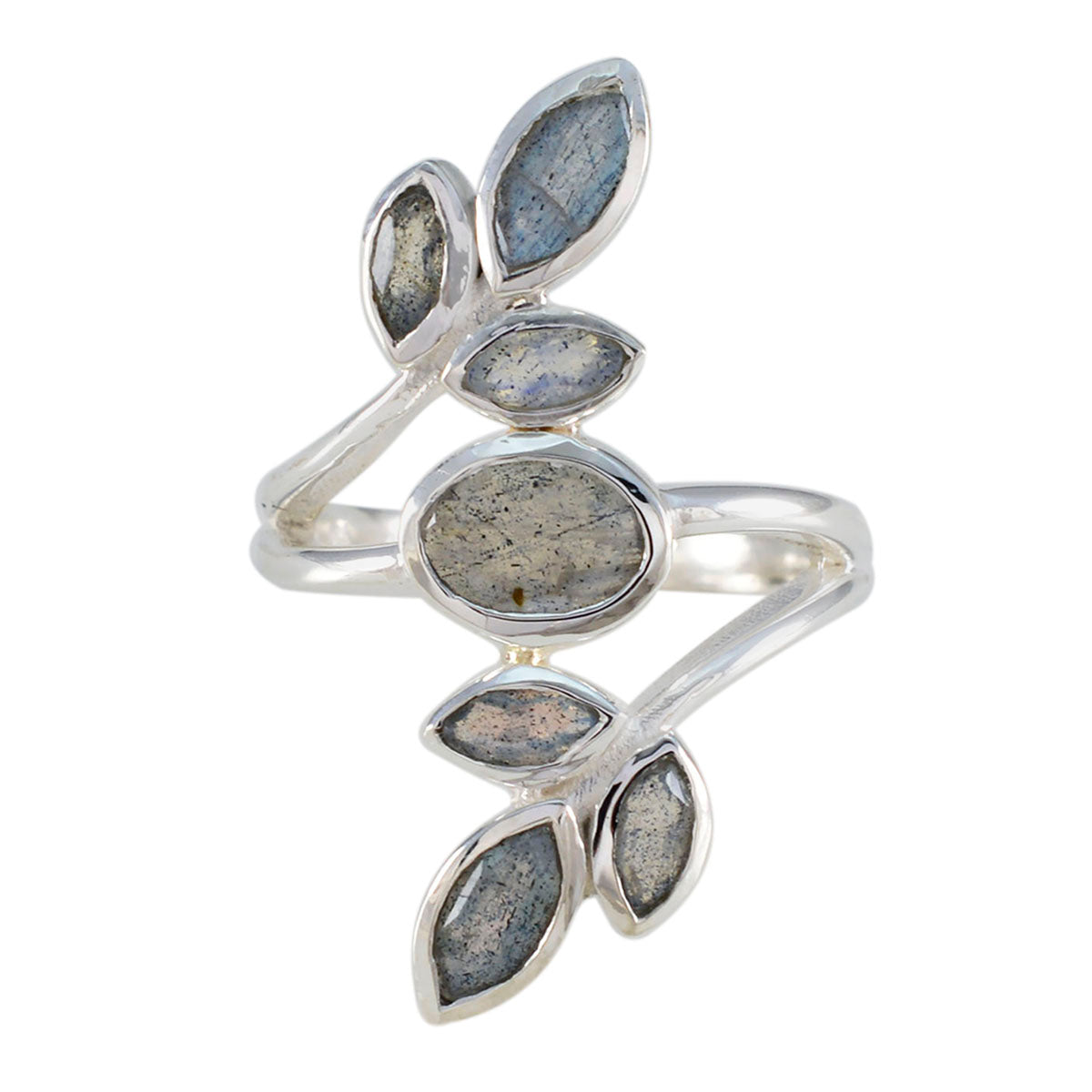 Silver leaf design gemstone ring with multiple marquise-shaped stones by Anna