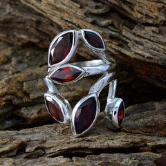 Liyana leaf design red gemstone ring with multiple marquise-cut red stones set in silver band