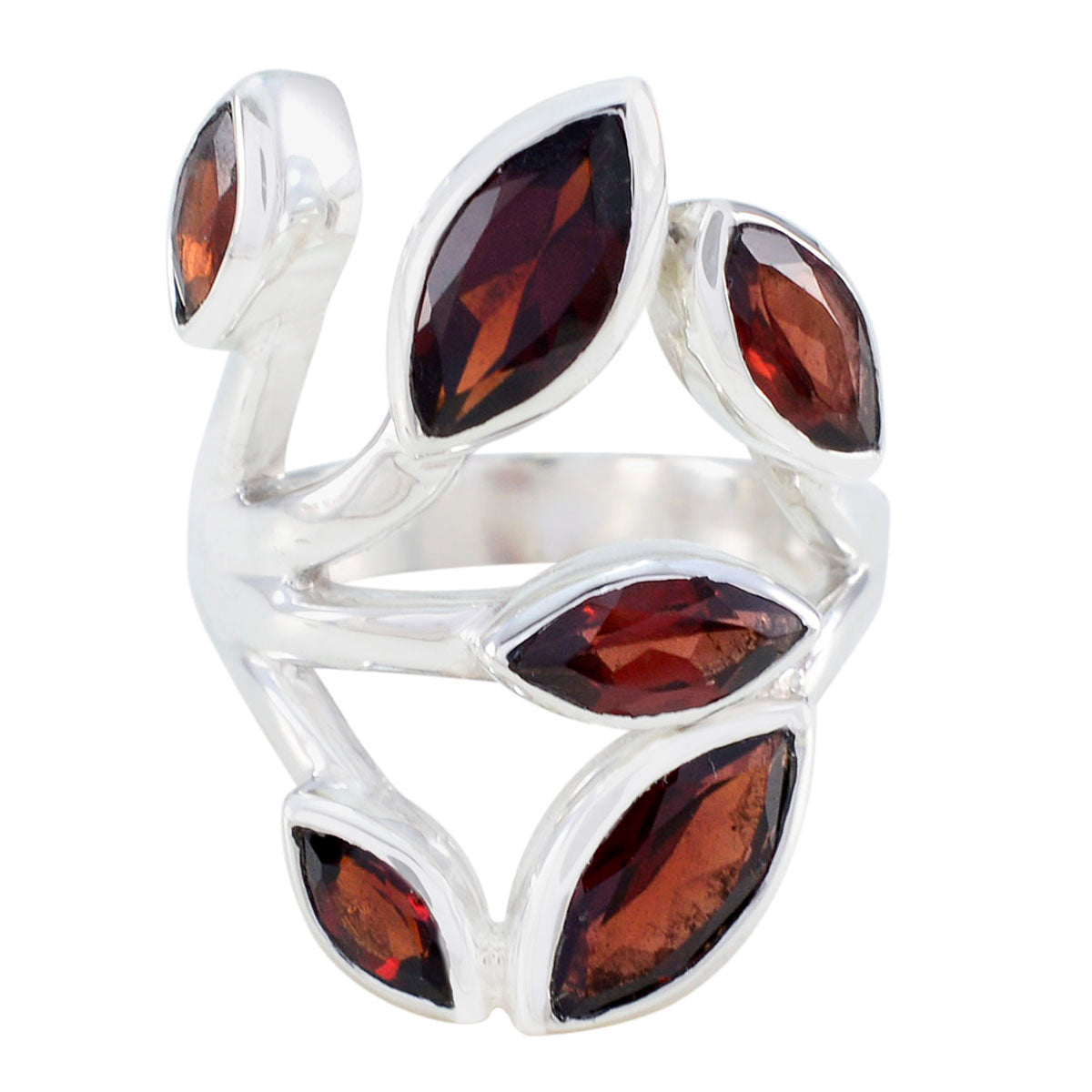Liyana leaf design red gemstone ring with marquise-cut red stones set in silver band