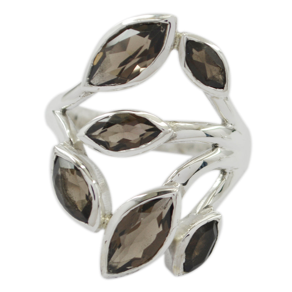 Genesis leafy brown gemstone ring with multiple marquise-cut brown stones in silver setting