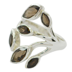 Genesis leafy brown gemstone ring with silver branches and marquise-cut brown stones