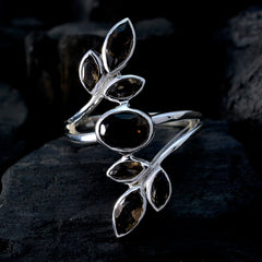 Maya leafy brown gemstone ring in sterling silver with marquise and oval smoky brown stone leaf design