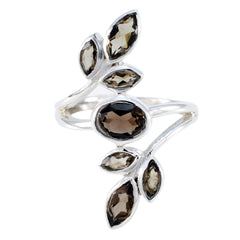 Maya sterling silver leafy brown gemstone ring with marquise and oval smoky quartz leaves