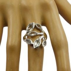 Evelyn leafy white gemstone ring in sterling silver with marquise white stones on hand