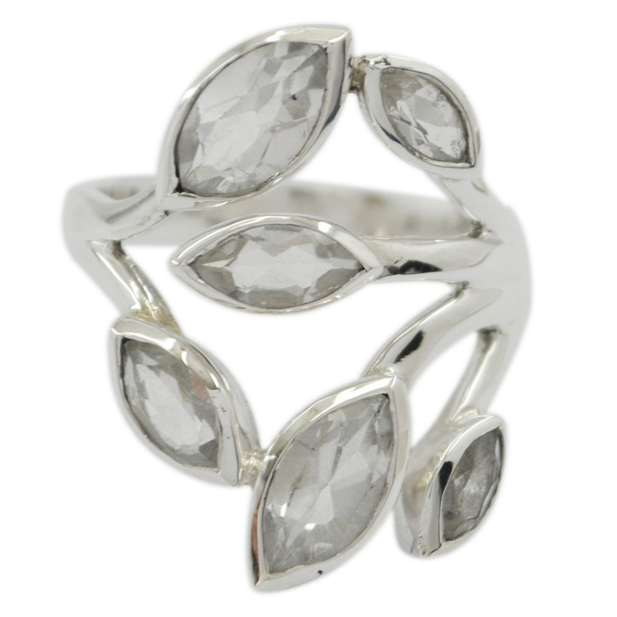 leafy white gemstone ring by Evelyn showcasing marquise white stones set in open sterling silver leaf band