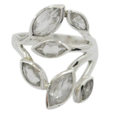 leafy white gemstone ring by Evelyn showcasing marquise white stones set in open sterling silver leaf band