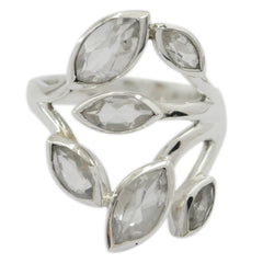 leafy white gemstone ring by Evelyn showcasing marquise white stones set in open sterling silver leaf band