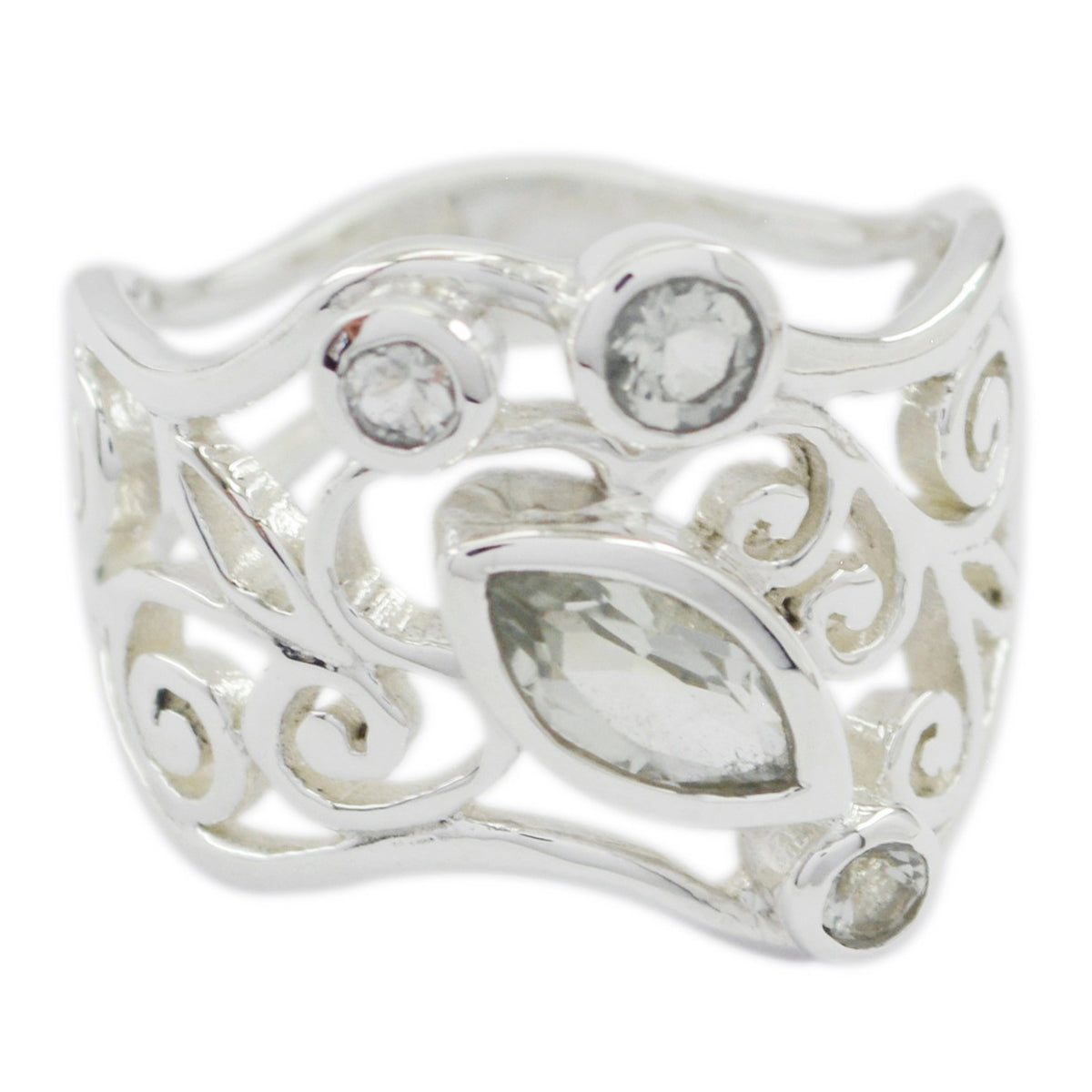 Ivana silver openwork ring with marquise and round stones and swirls light green gemstone filigree ring