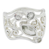 Ivana silver openwork ring with marquise and round stones and swirls light green gemstone filigree ring