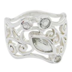 Ivana silver openwork ring with marquise and round stones and swirls light green gemstone filigree ring
