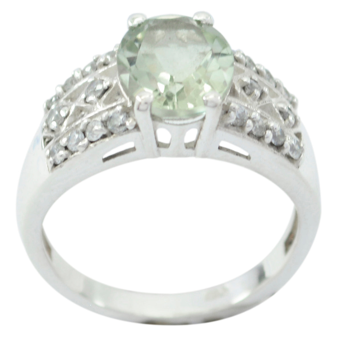 Dewi Light Green Gemstone Halo Ring with Silver Band Green Amethyst Green