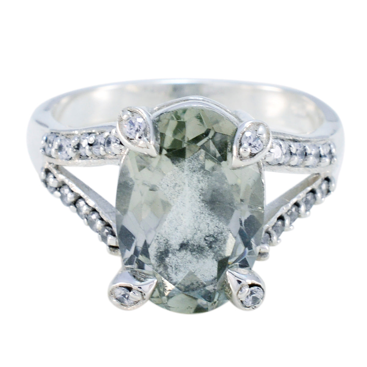 Nova Light Green Gemstone Halo Ring in Sterling Silver Green Amethyst Green