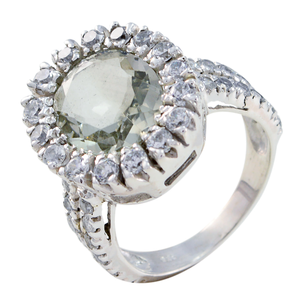 Riya Light Green Gemstone Halo Ring with Silver Band Green Amethyst Green