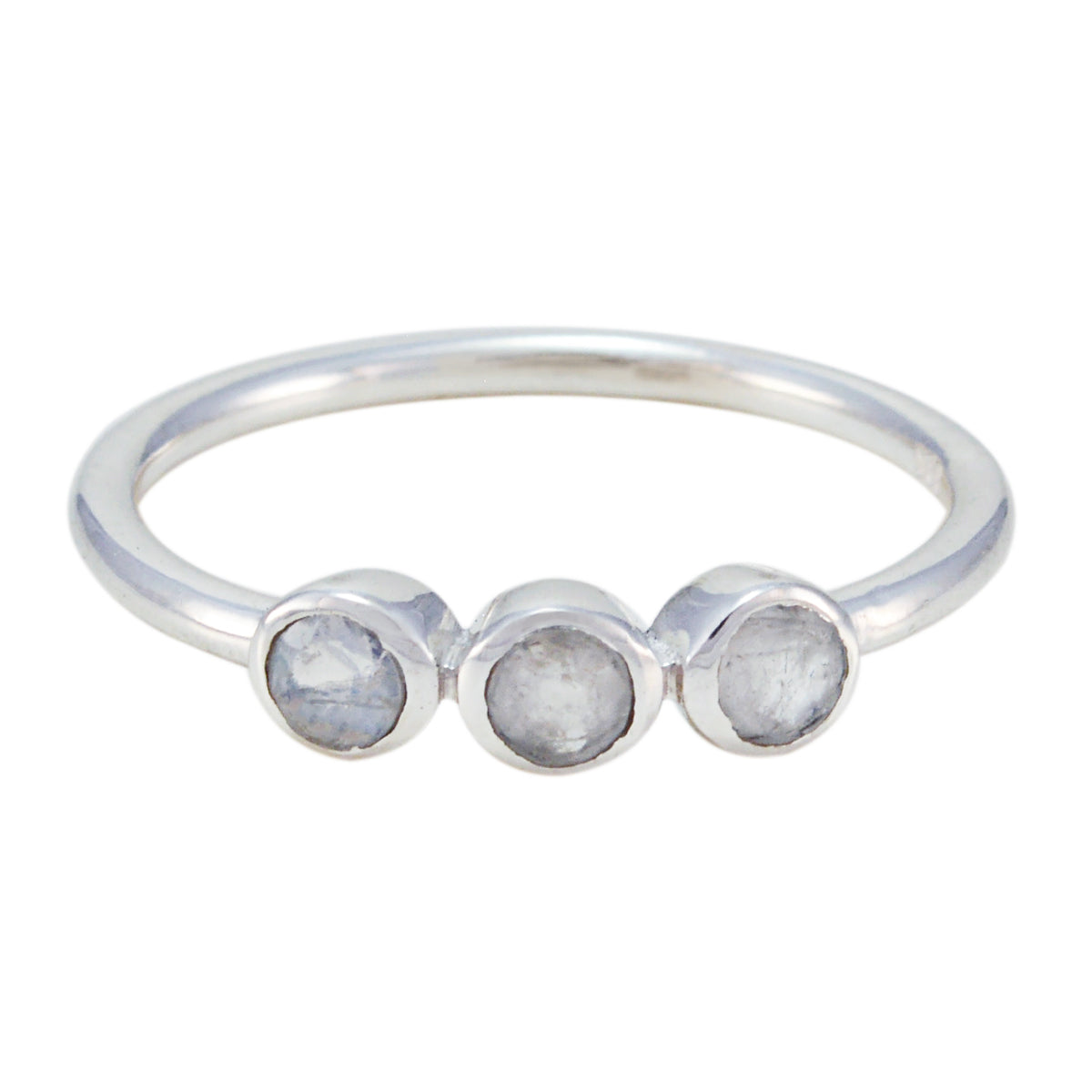 Yuki light green gemstone trilogy ring sterling silver thin band three bezel set cabochon stones
