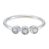 Yuki light green gemstone trilogy ring sterling silver thin band three bezel set cabochon stones