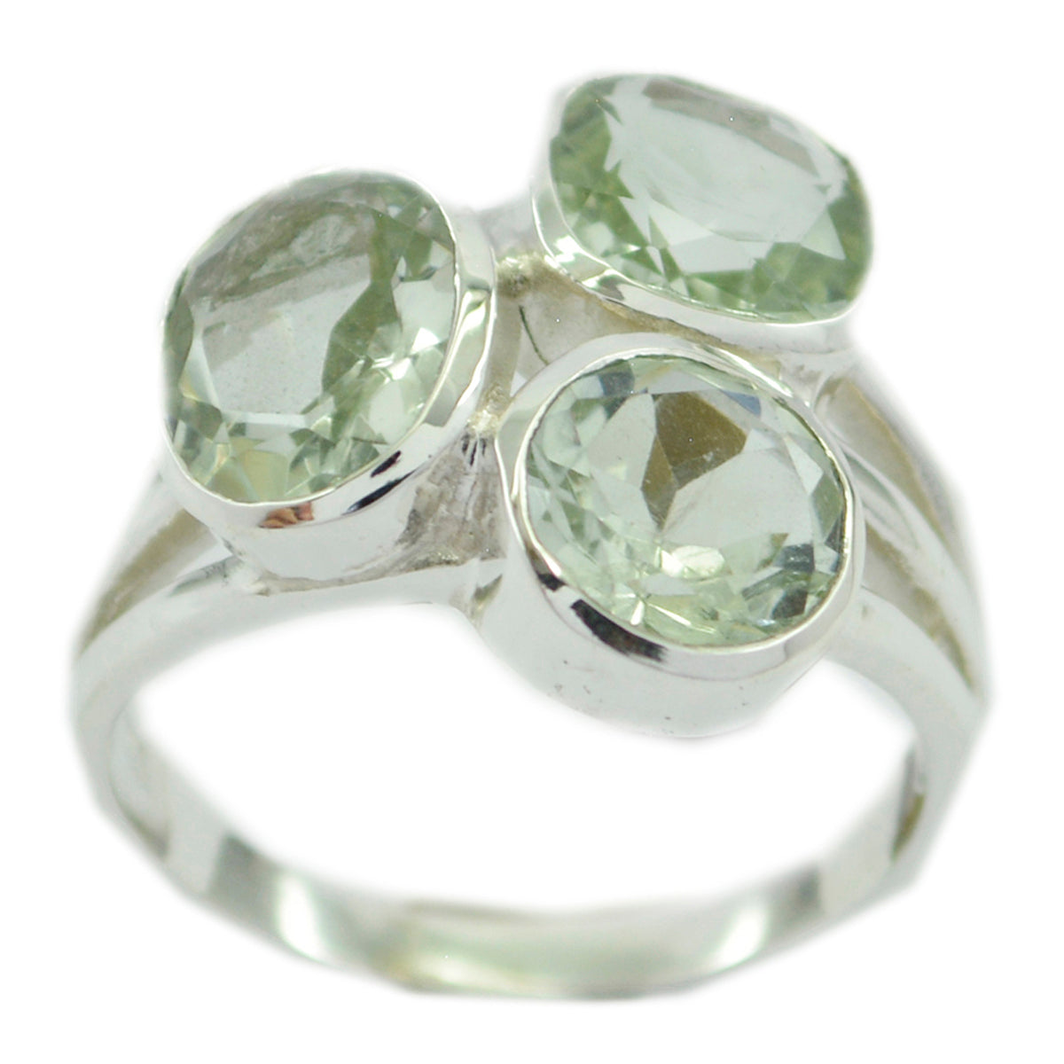 Nora light green gemstone trilogy ring with three oval light green stones set in silver band
