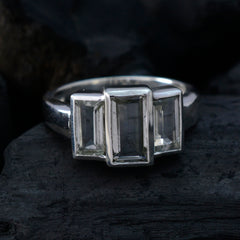 Natcha light green gemstone trilogy ring with three rectangular stones set on silver band