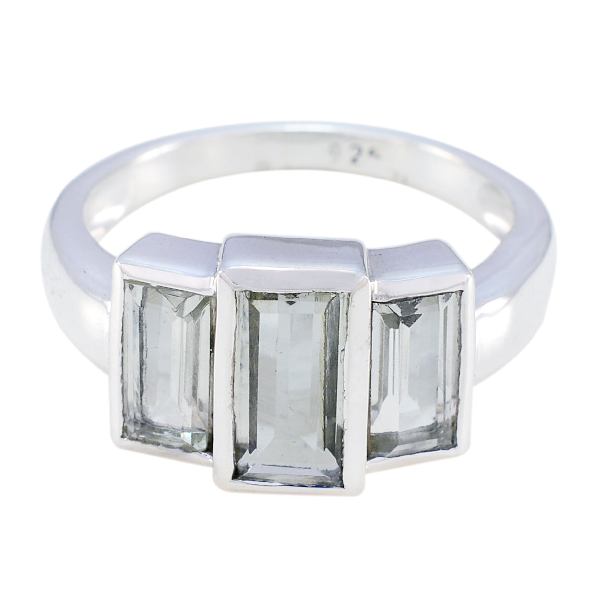 Natcha light green gemstone trilogy ring with three rectangular stones set in silver band