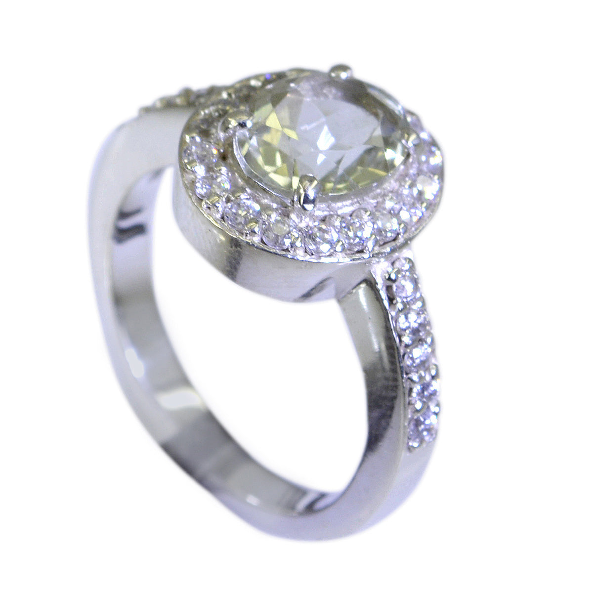 Chen light green halo ring with round prong set center stone and pave diamond band in white gold