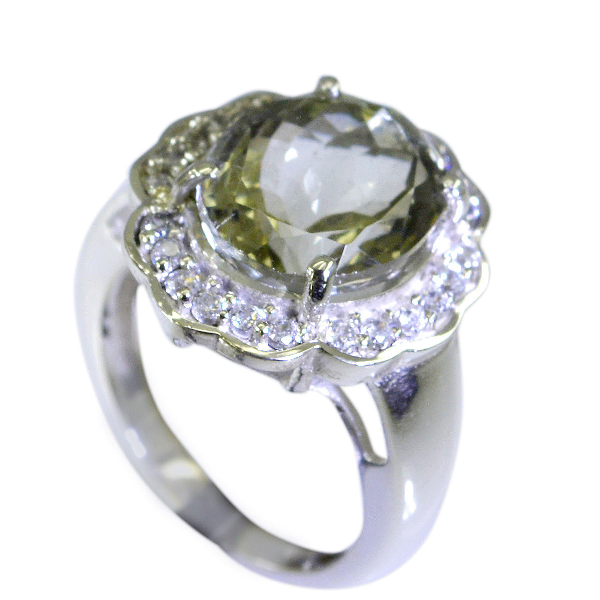 Natcha light green halo ring with round center stone and sparkling white accent stones