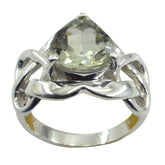 Kennedy light green solitaire ring with silver intricate band and triangular gemstone