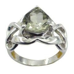 Kennedy light green solitaire ring with silver intricate band and triangular gemstone